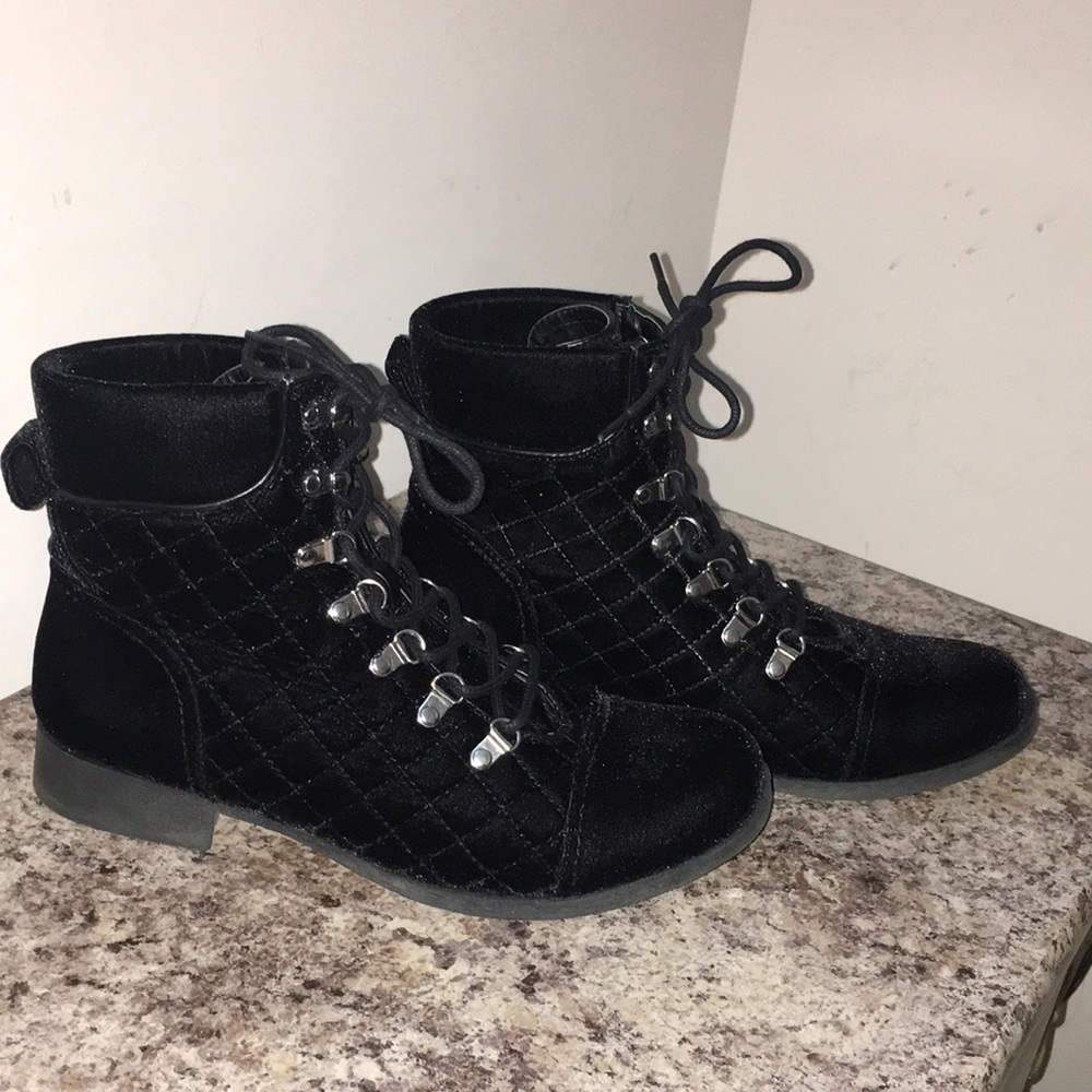 G by Guess Black Velvet Quilted Combat Boots